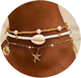 Gold Shell Charms Anklets Set for Women Boho bead Dainty Adjustable ankle bracelets for women waterproof Summer beach Pearl 18k Gold Anklet jewelry for women Gift