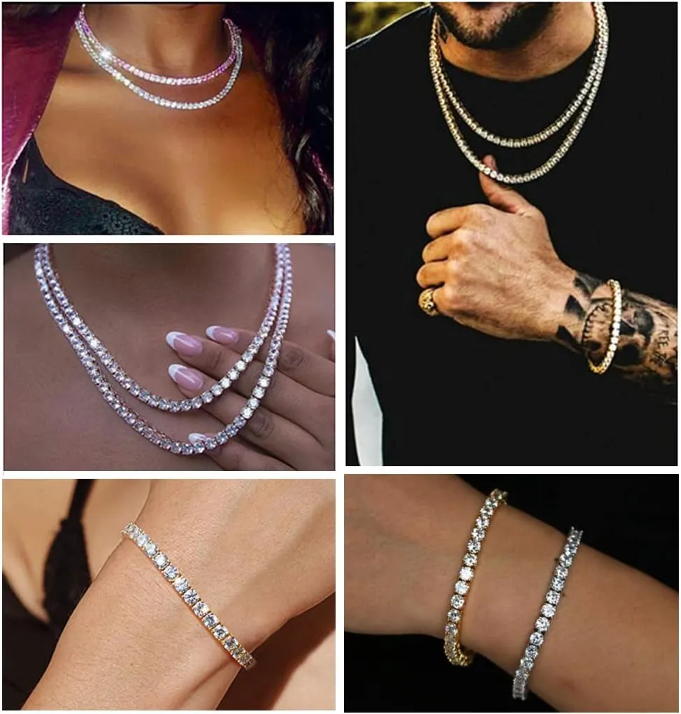 HH BLING EMPIRE Gold Silver Iced Out Diamond Tennis Chain Necklace for Men Women, Rhinestone Tennis Necklaces for Women and Teens, Tennis and Cuban Link Chains 18-30 Inches