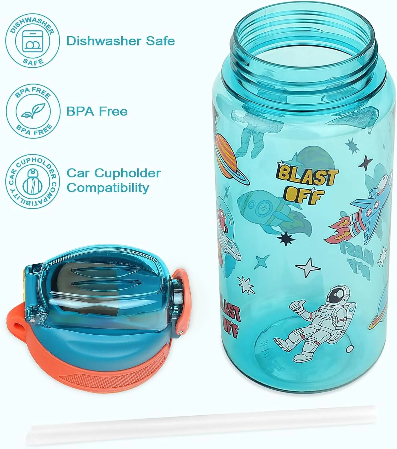 Kids Water Bottle for School or Travel, 20 Oz Durable Plastic Water Bottle with Silicone Straw and Pop-Up Spout Cover, BPA Free & Dishwasher Safe(Astronaut)