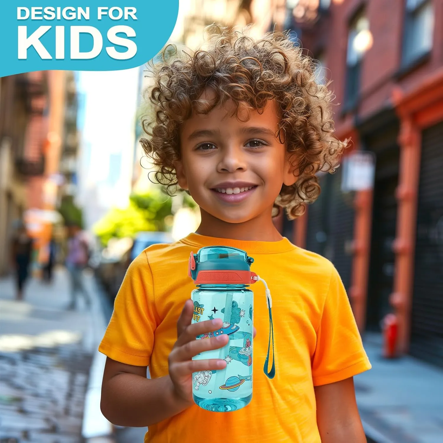 Kids Water Bottle for School or Travel, 20 Oz Durable Plastic Water Bottle with Silicone Straw and Pop-Up Spout Cover, BPA Free & Dishwasher Safe(Astronaut)