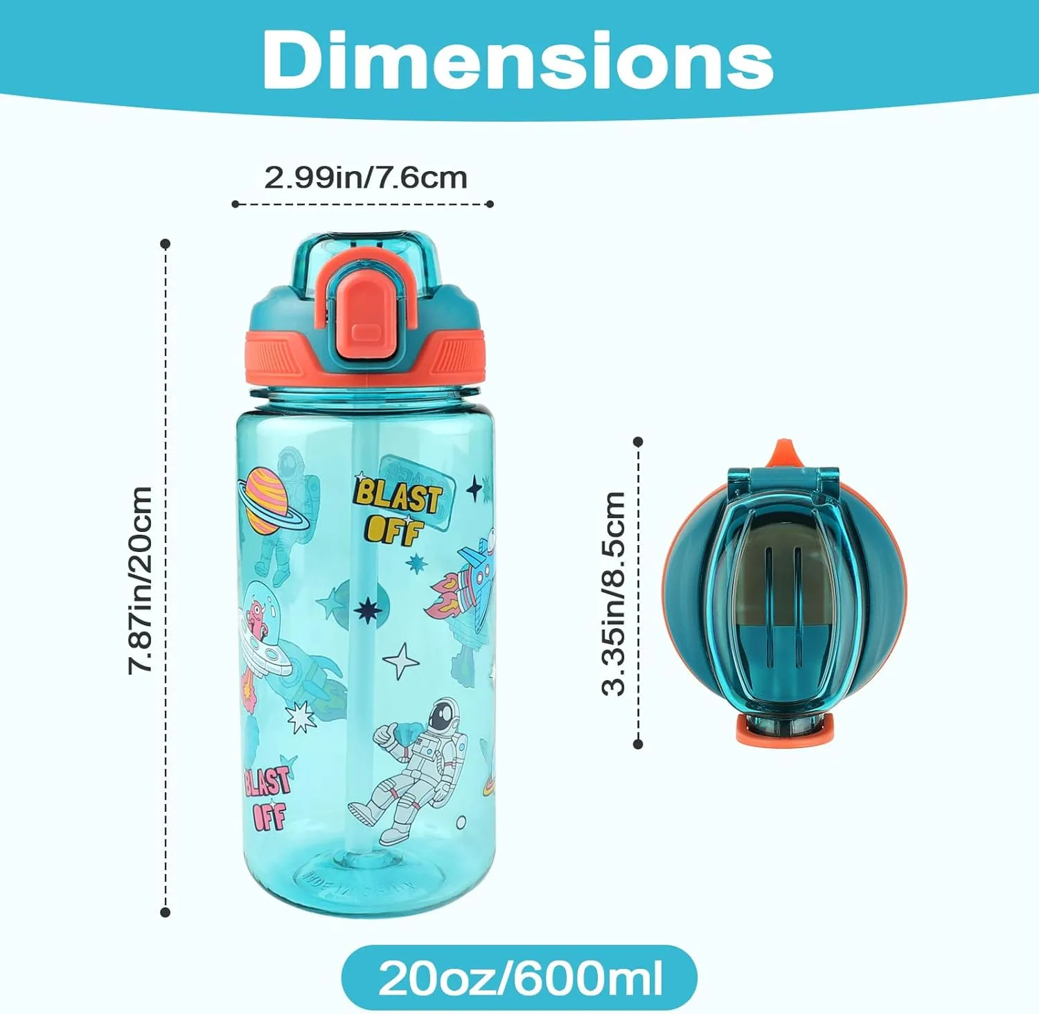 Kids Water Bottle for School or Travel, 20 Oz Durable Plastic Water Bottle with Silicone Straw and Pop-Up Spout Cover, BPA Free & Dishwasher Safe(Astronaut)