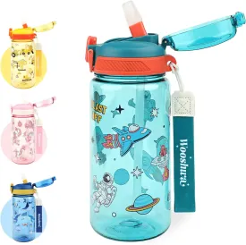 Kids Water Bottle for School or Travel, 20 Oz Durable Plastic Water Bottle with Silicone Straw and Pop-Up Spout Cover, BPA Free & Dishwasher Safe(Astronaut)