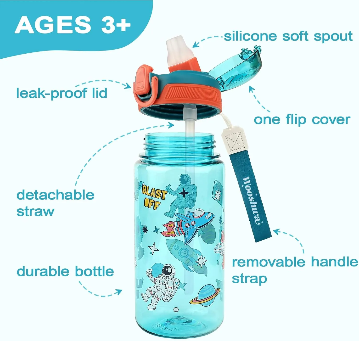 Kids Water Bottle for School or Travel, 20 Oz Durable Plastic Water Bottle with Silicone Straw and Pop-Up Spout Cover, BPA Free & Dishwasher Safe(Astronaut)