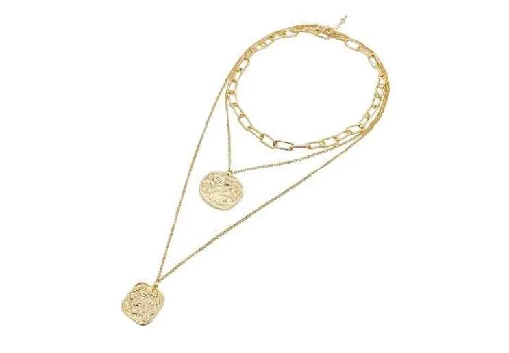 Multi Layered Necklace with Coin and Square Pendant