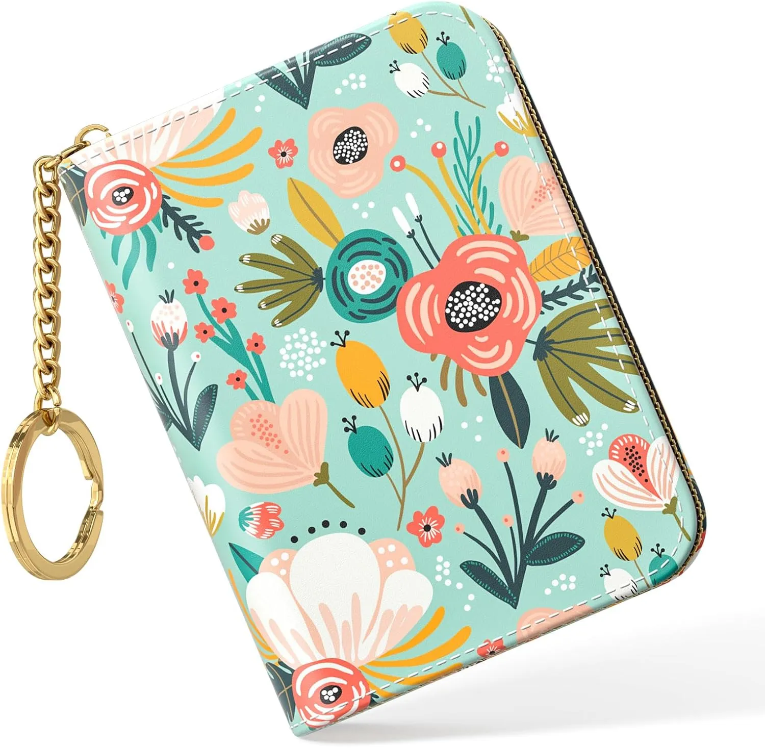 Nipichsha Women's Credit Card Holder Wallet, Green Flower, Leather, Compact, Slim, 12-Slot, RFID Blocking