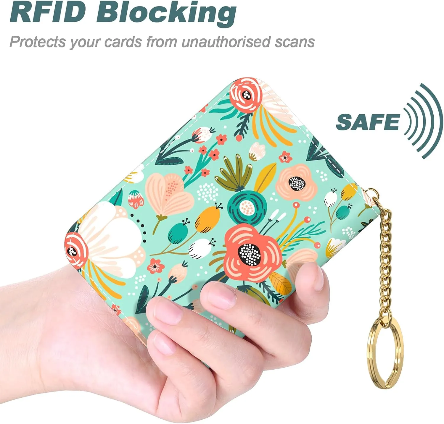 Nipichsha Women's Credit Card Holder Wallet, Green Flower, Leather, Compact, Slim, 12-Slot, RFID Blocking