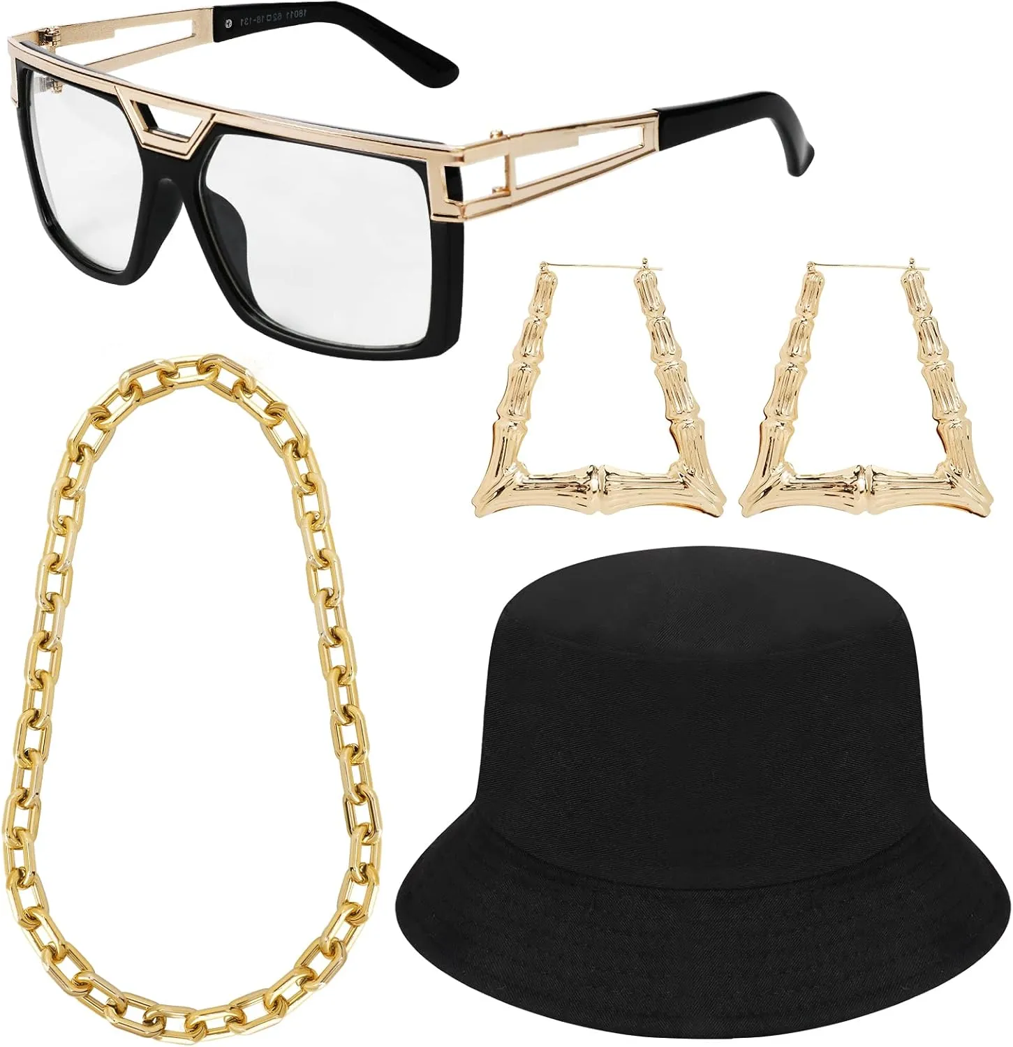 PHOGARY 80s / 90s Hip Hop Costume Kit, Rapper DJ Costume Accessosies Hip Hop Jewelry Set with Punk Gold Chain Bucket Hat Vintage Glasses Bamboo Hoop Earrings