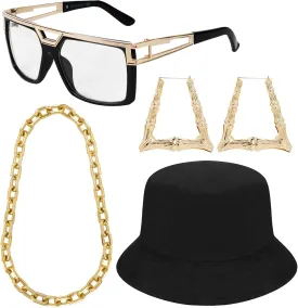 PHOGARY 80s / 90s Hip Hop Costume Kit, Rapper DJ Costume Accessosies Hip Hop Jewelry Set with Punk Gold Chain Bucket Hat Vintage Glasses Bamboo Hoop Earrings