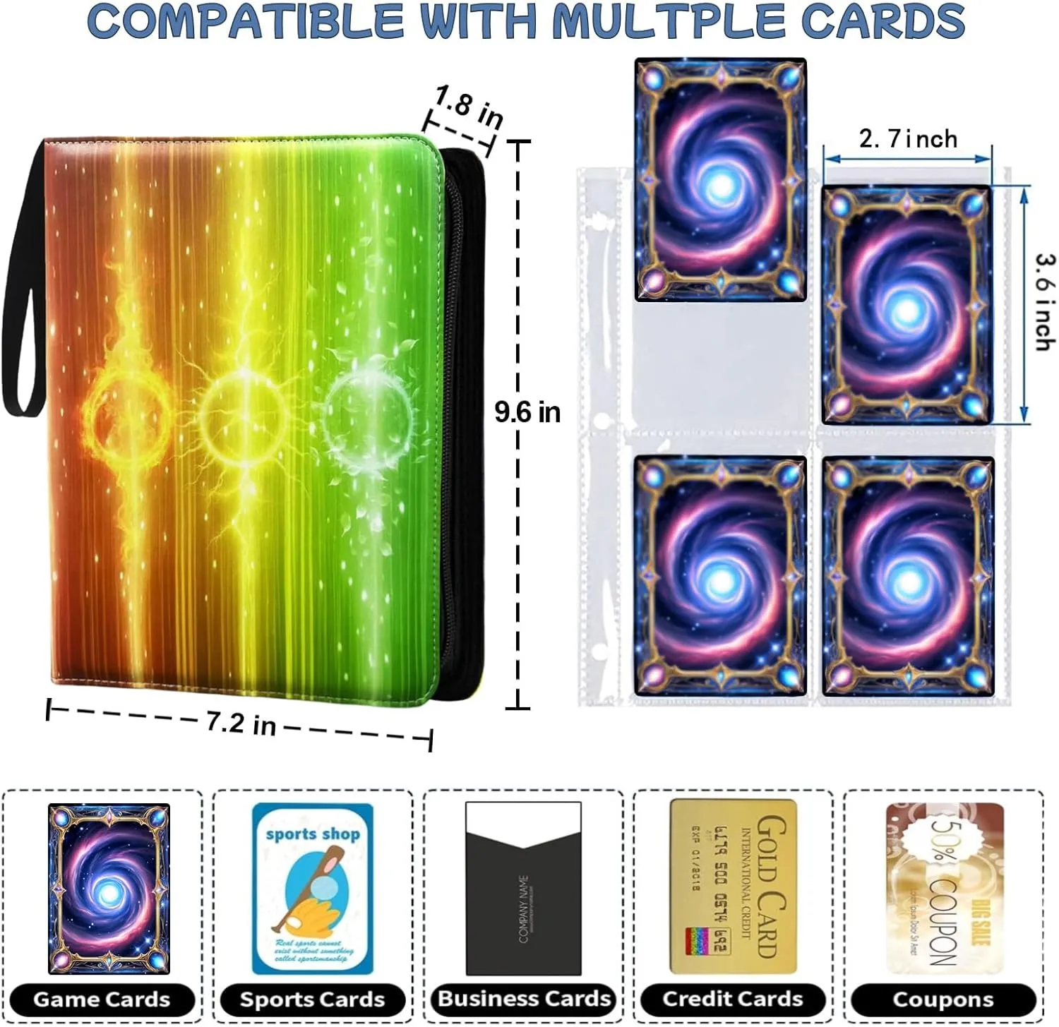 Premium Card Binder 4 Pocket,400 Pockets Trading Card Binders Collector Album with Zipper and 50 Removable Sleeves,Compatible with Game Sports Cards