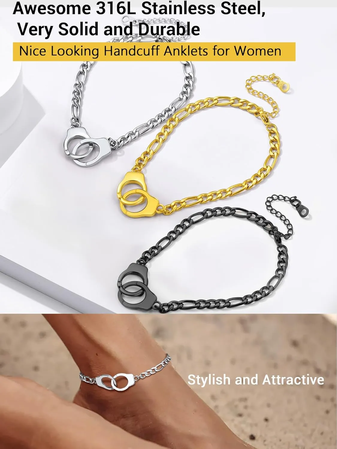 PROSTEEL Trendy Handcuffs Design/Customize Words Ankle Bracelet For Women, 316L Stainless Steel Anklets Silver/Gold/Black Tone, Hypoallergenic, Come with Box
