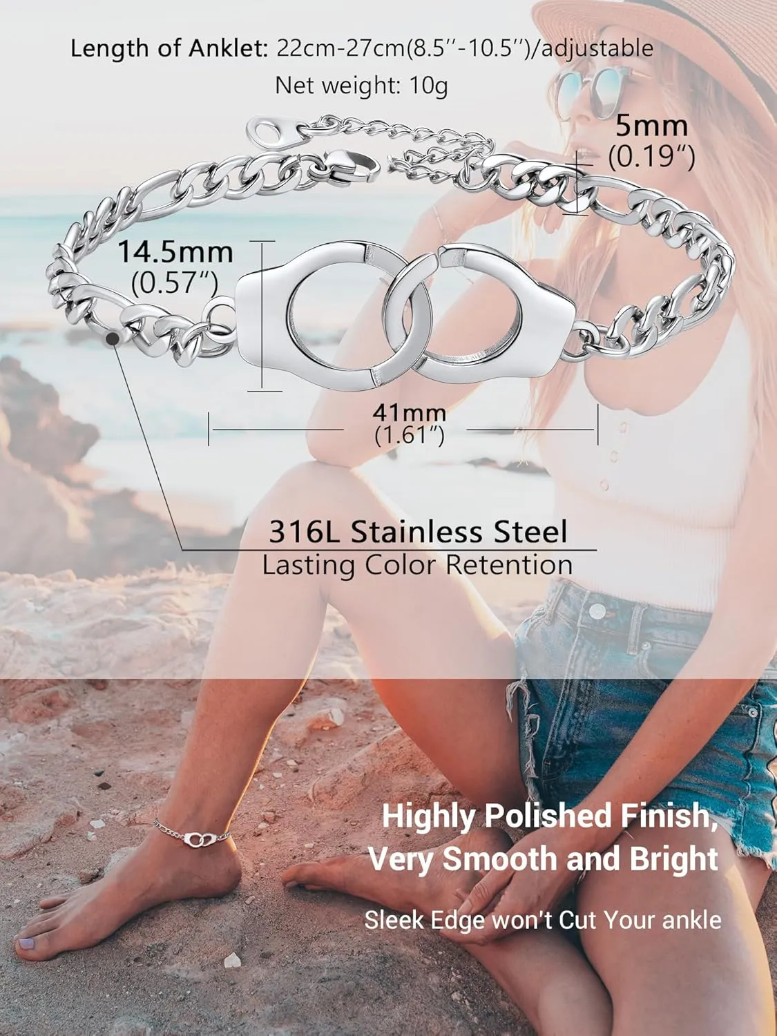 PROSTEEL Trendy Handcuffs Design/Customize Words Ankle Bracelet For Women, 316L Stainless Steel Anklets Silver/Gold/Black Tone, Hypoallergenic, Come with Box