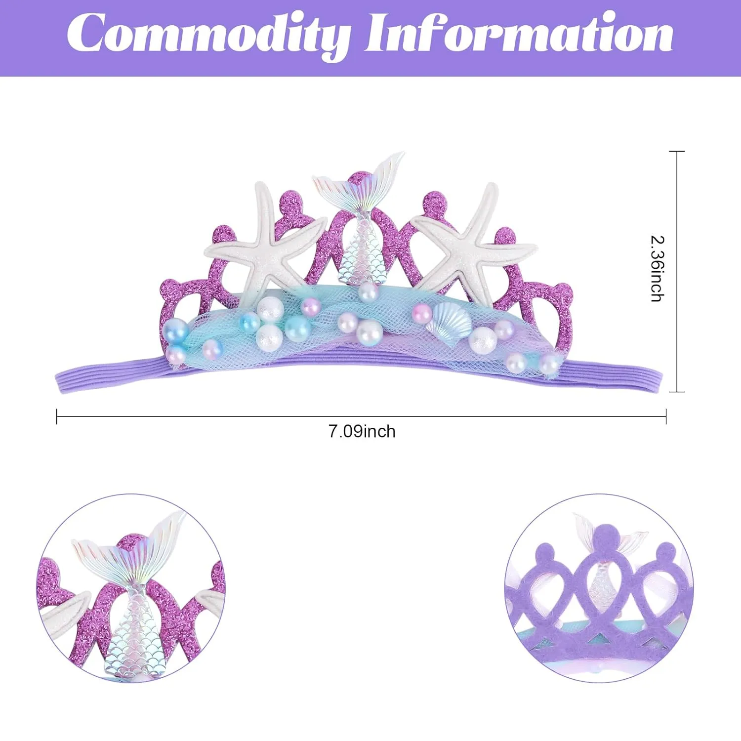 Purple Baby Elastic Headband with Pearl Seashell Starfish Headbands with Veil Fishtails Soft Headwrap Newborn Hair Band Children Hair Accessories