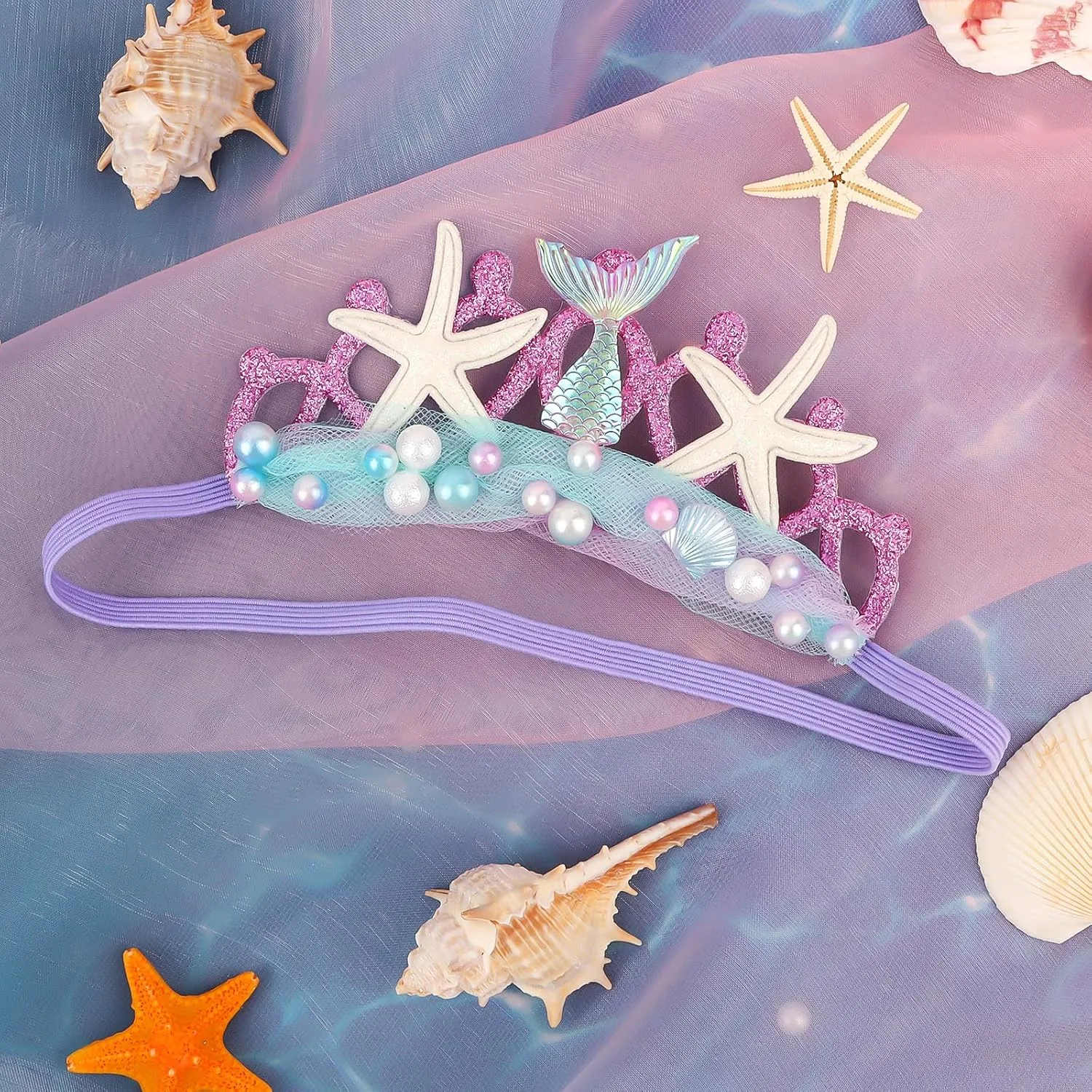 Purple Baby Elastic Headband with Pearl Seashell Starfish Headbands with Veil Fishtails Soft Headwrap Newborn Hair Band Children Hair Accessories