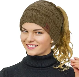 Rosoz 1&2 Packs Ponytail Beanie for Women,Winter Warm Beanie Tail Soft Stretch Cable Knit Messy High Bun Hat