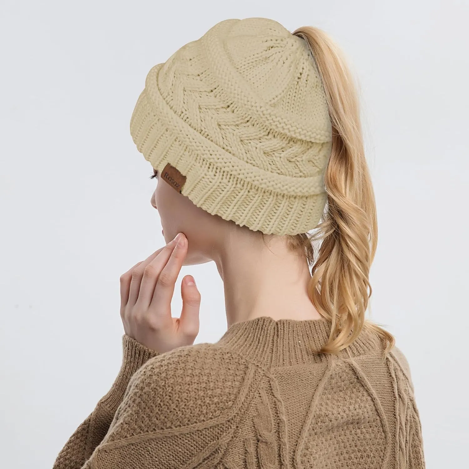 Rosoz 1&2 Packs Ponytail Beanie for Women,Winter Warm Beanie Tail Soft Stretch Cable Knit Messy High Bun Hat