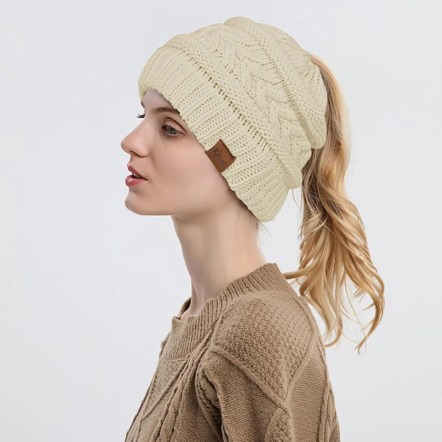 Rosoz 1&2 Packs Ponytail Beanie for Women,Winter Warm Beanie Tail Soft Stretch Cable Knit Messy High Bun Hat