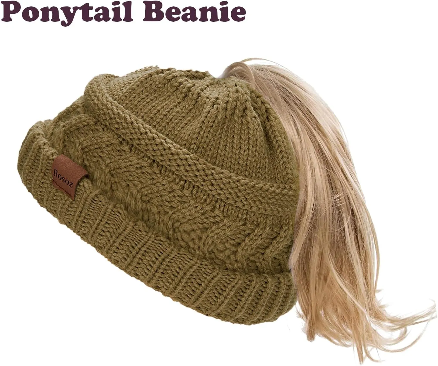 Rosoz 1&2 Packs Ponytail Beanie for Women,Winter Warm Beanie Tail Soft Stretch Cable Knit Messy High Bun Hat