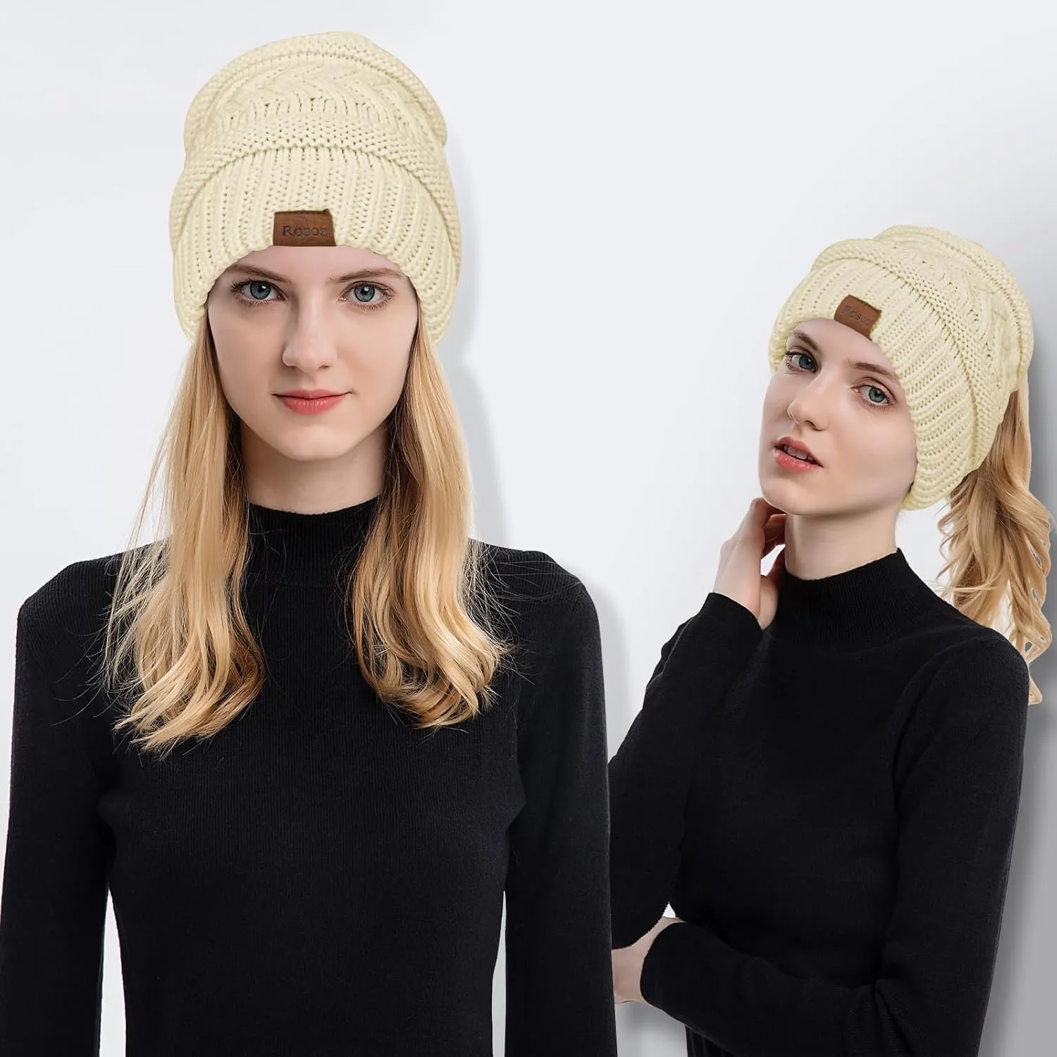 Rosoz 1&2 Packs Ponytail Beanie for Women,Winter Warm Beanie Tail Soft Stretch Cable Knit Messy High Bun Hat