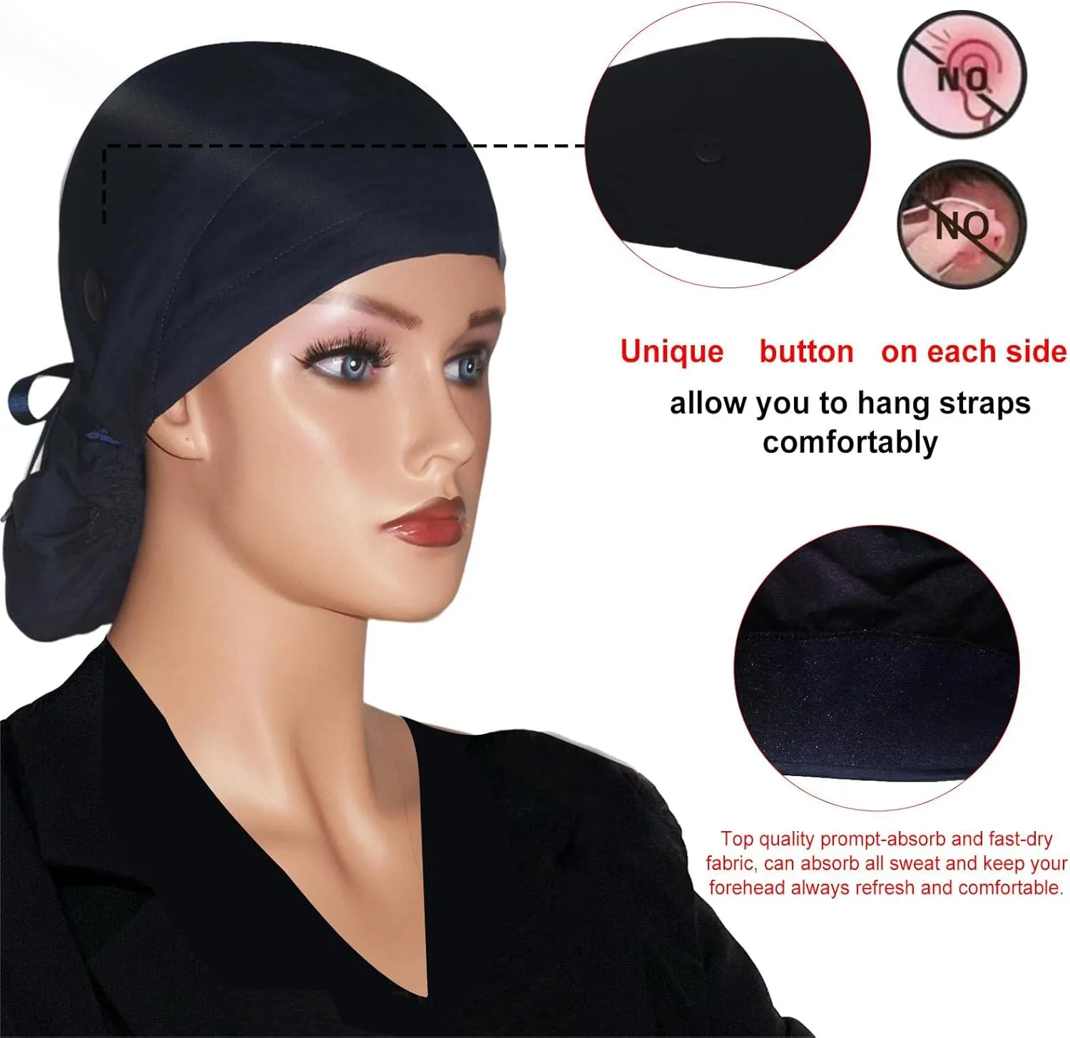 Scrub Cap with Buttons - Cotton Hat with Sweatband, Adjustable Tie Back for Ponytail (Randomly Paired with Hair Ring)