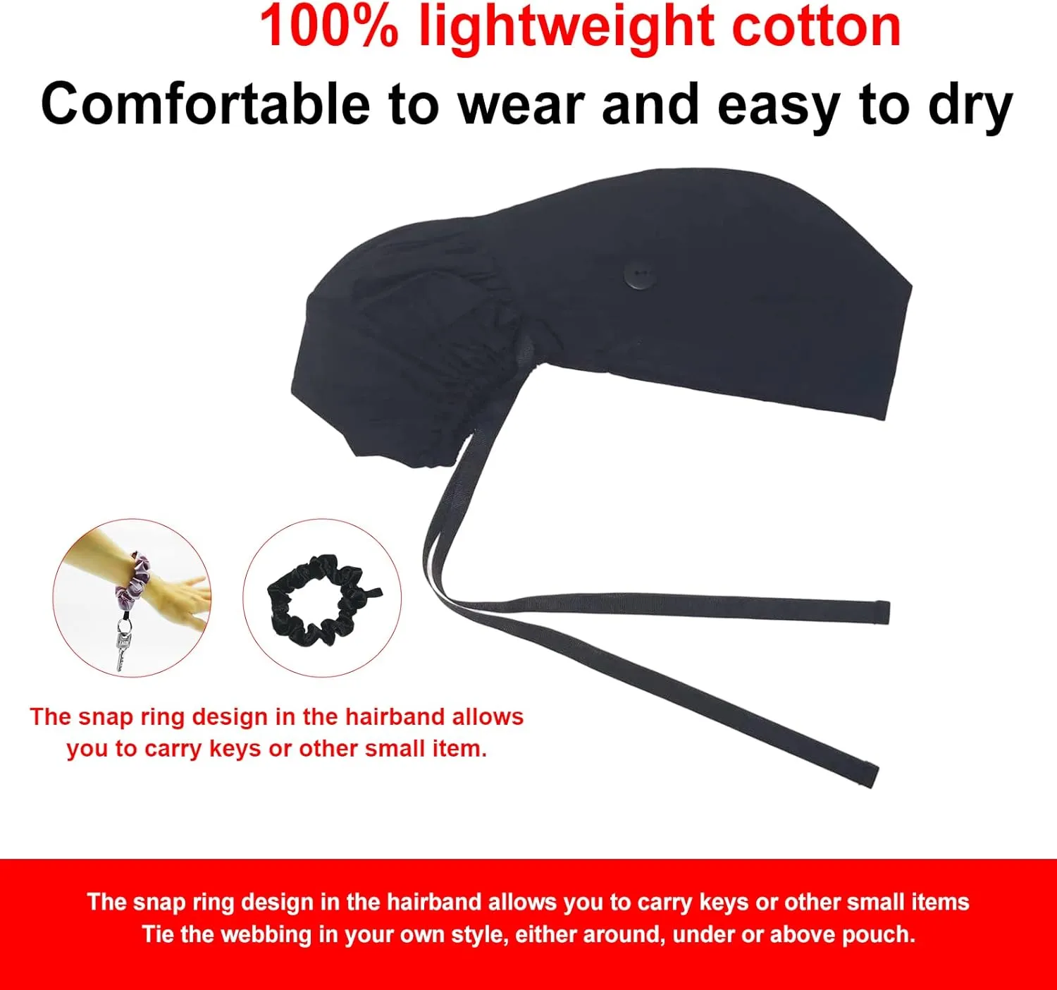 Scrub Cap with Buttons - Cotton Hat with Sweatband, Adjustable Tie Back for Ponytail (Randomly Paired with Hair Ring)