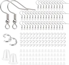 Stainless Steel Earring Hooks French Ear Wire, 600pcs Earring Making Findings Parts Jewels DIY Supplies Kits, with Silicone Earring Backs Stoppers & Open Jump Ring