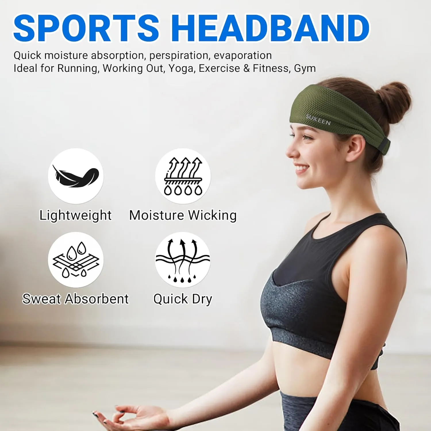 Sukeen Workout Headbands for Women, Moisture Wicking Sweat Band Headbands Non Slip, Elastic Sweatbands Sports Headband for Yoga, Running, Gym Fitness