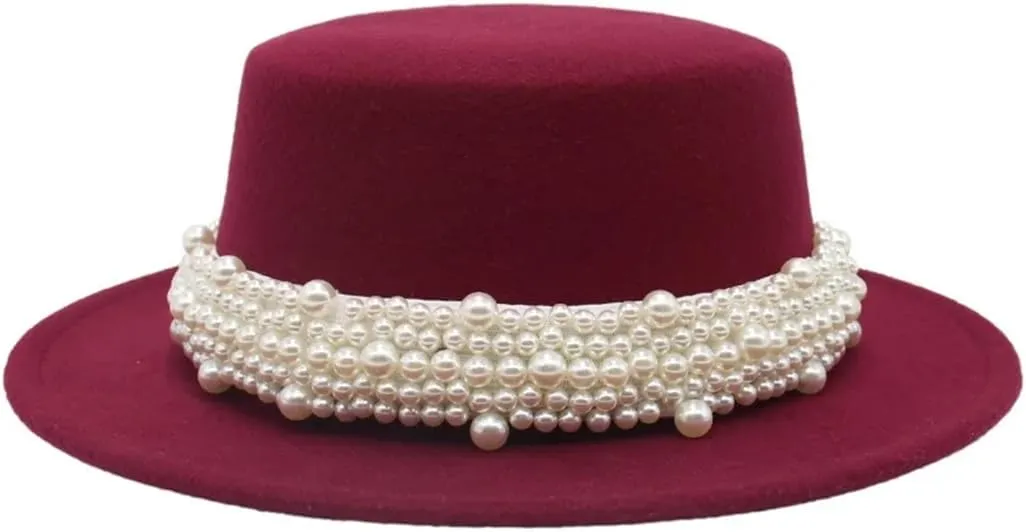 Unisex Flat Top Fedoras Hats Solid Color Pearl Accessories Jazz Cap Men Women French Elegant Top Hat