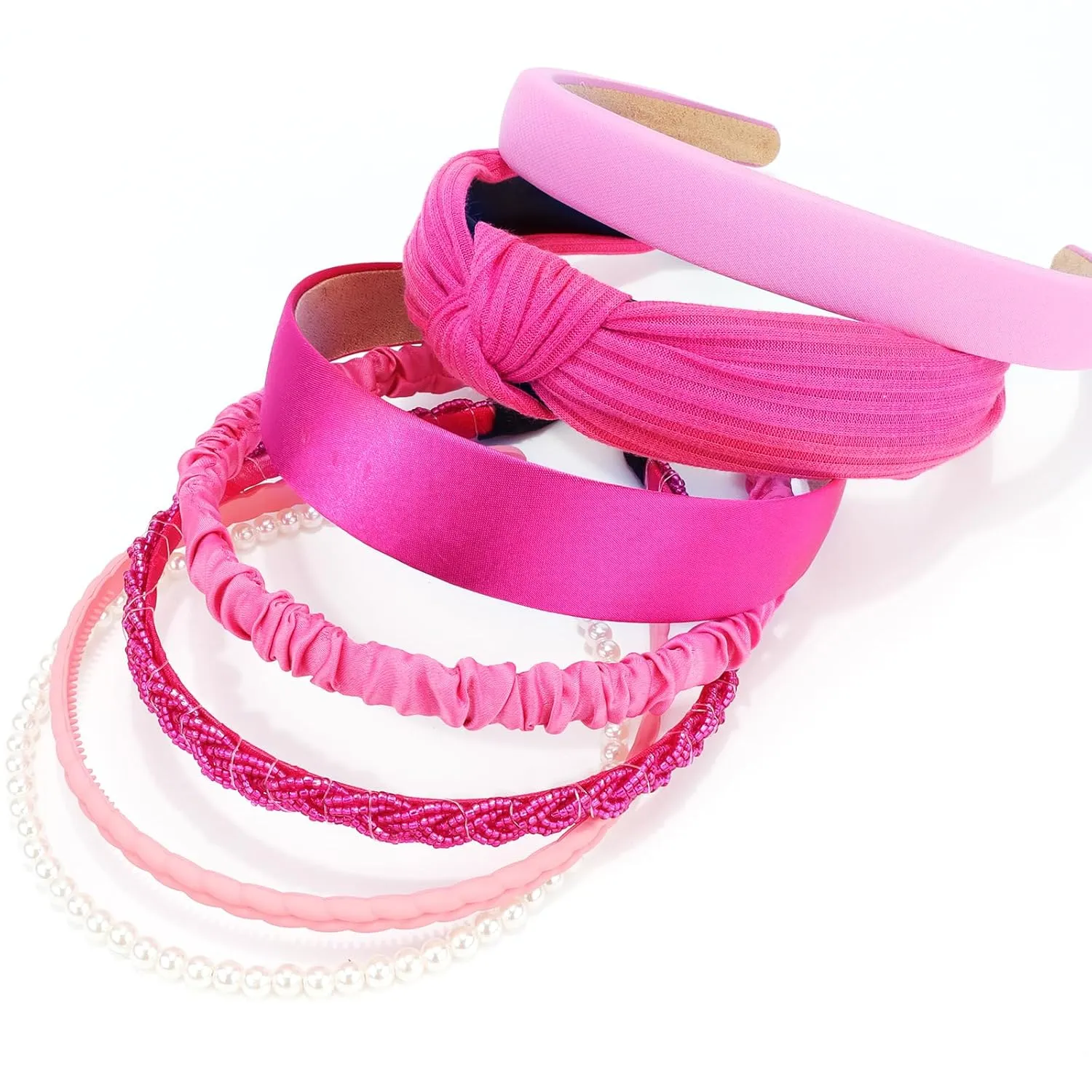 VELSCRUN Headbands for Women 7 Pcs Different Hot Pink Knotted Solid Pearl Head Bands Non Slip Hair Band for Womens Gilrs Thin Thick Short Hair Fashion Accessories