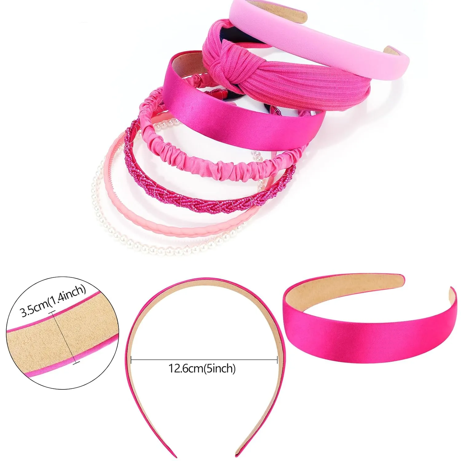 VELSCRUN Headbands for Women 7 Pcs Different Hot Pink Knotted Solid Pearl Head Bands Non Slip Hair Band for Womens Gilrs Thin Thick Short Hair Fashion Accessories
