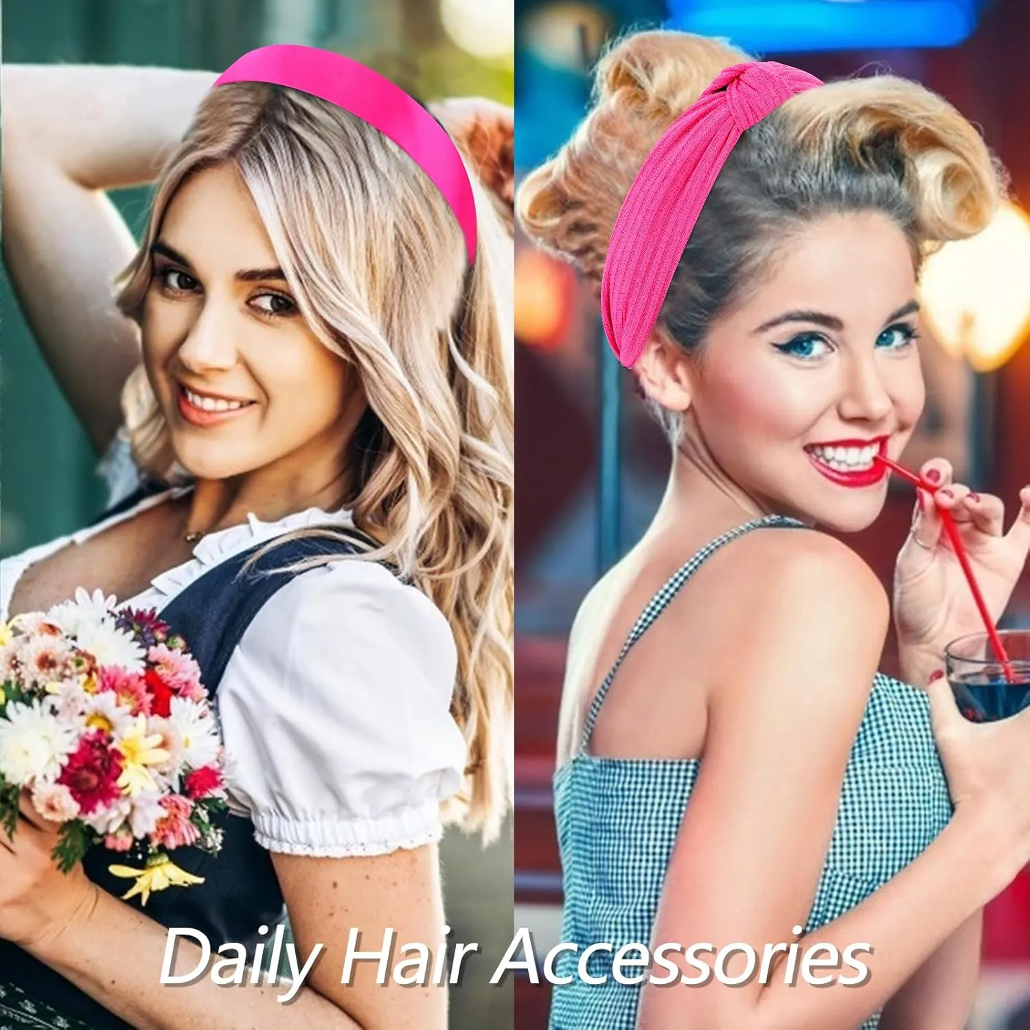 VELSCRUN Headbands for Women 7 Pcs Different Hot Pink Knotted Solid Pearl Head Bands Non Slip Hair Band for Womens Gilrs Thin Thick Short Hair Fashion Accessories