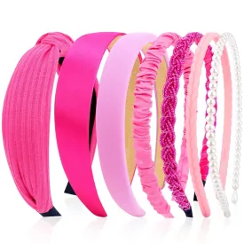 VELSCRUN Headbands for Women 7 Pcs Different Hot Pink Knotted Solid Pearl Head Bands Non Slip Hair Band for Womens Gilrs Thin Thick Short Hair Fashion Accessories