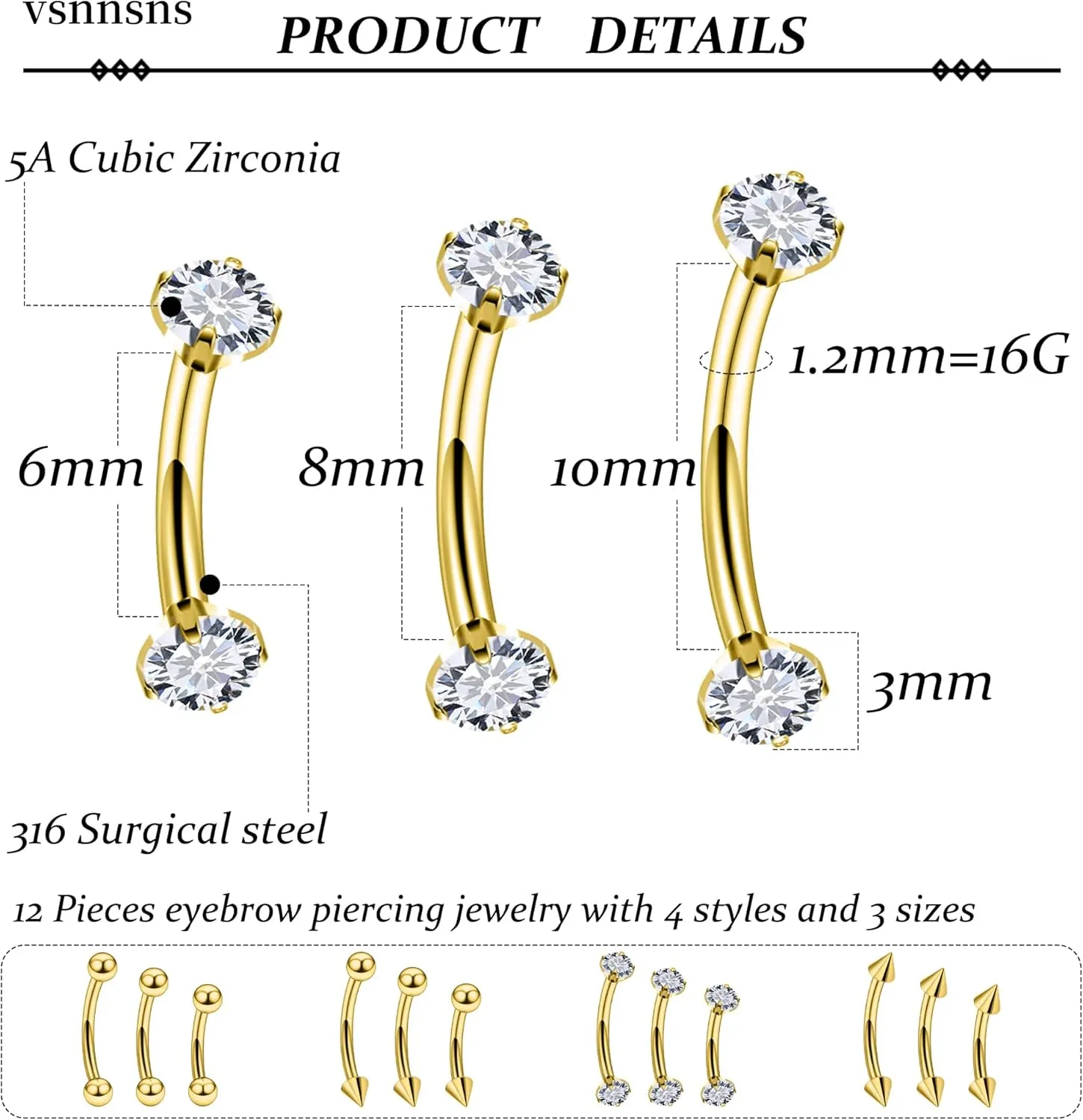 Vsnnsns Rook Daith Piercing Jewelry 16G Stainless Surgical Steel Curved Barbell Eyebrow Rings Vertical Labret Lip Piercing Jewelry Rook Daith Earrings for Women Men 6MM 8MM 10MM Hypoallergenic