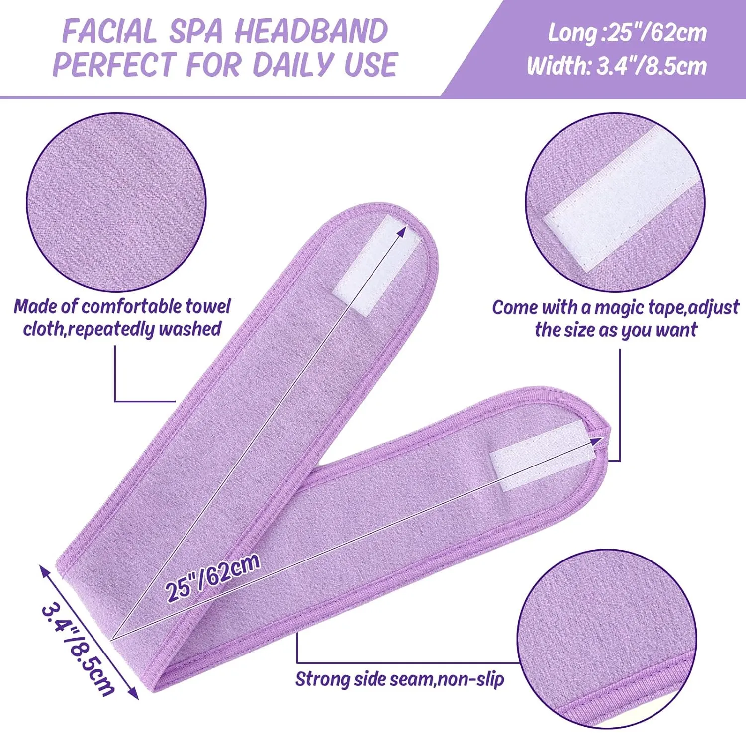 Whaline Spa Facial Headband Make Up Wrap Head Terry Cloth Headband Adjustable Towel Band for Face Washing Shower Facial Cover, 3 Pieces (Purple, Pink, Blue)
