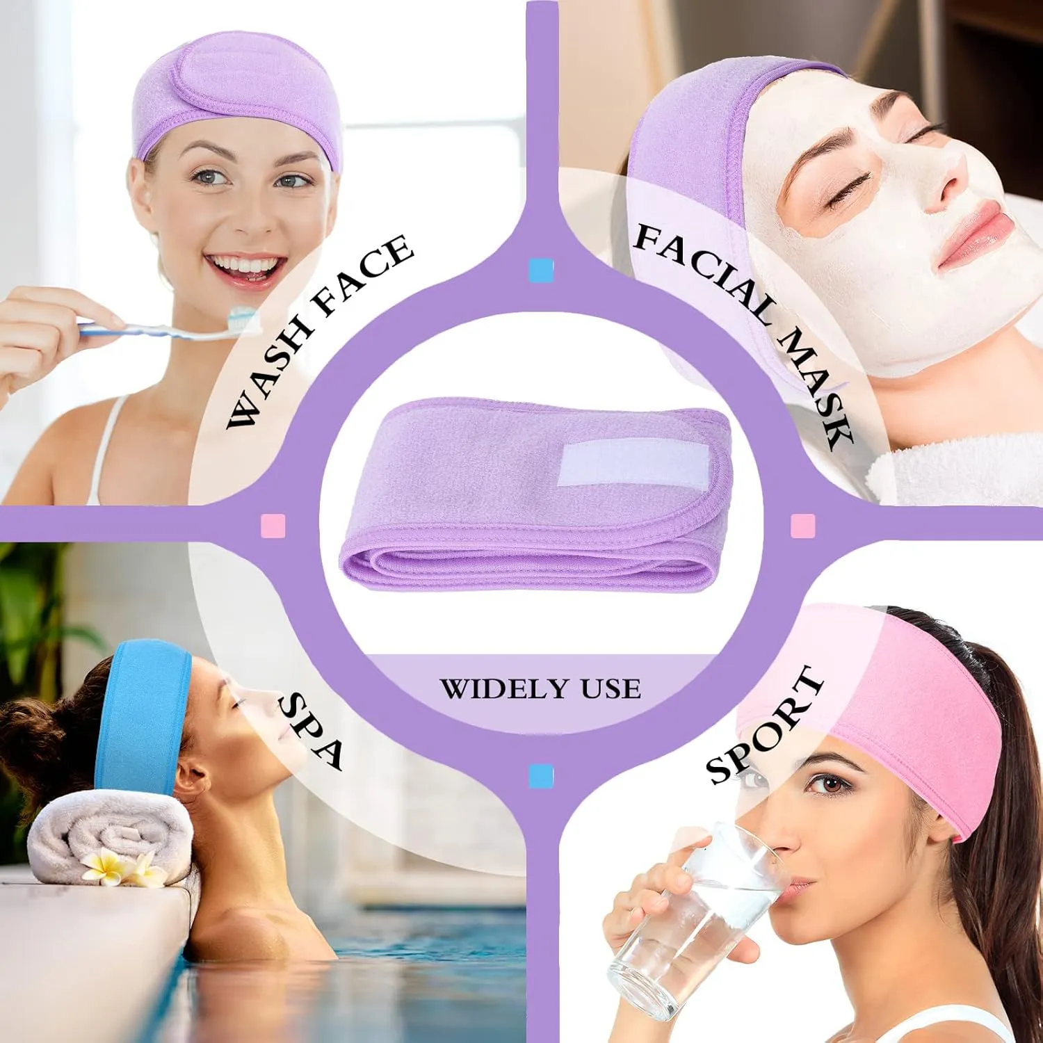 Whaline Spa Facial Headband Make Up Wrap Head Terry Cloth Headband Adjustable Towel Band for Face Washing Shower Facial Cover, 3 Pieces (Purple, Pink, Blue)