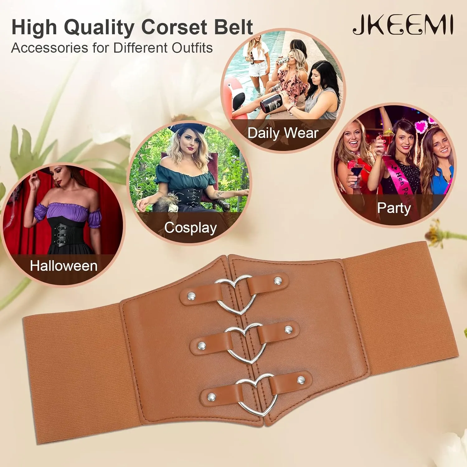 Women Corset Belt Metal O-Ring Heart-Ring Wide Elastic Waspie Waist Belt for Daily Cosplay Halloween Costumes