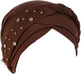 Women Girls Turban Hat, Rhinestone Pearl Braid Turban Head Wrap Baggy Slouchy Beanie Chemo Cap Headwear Hair Wrap