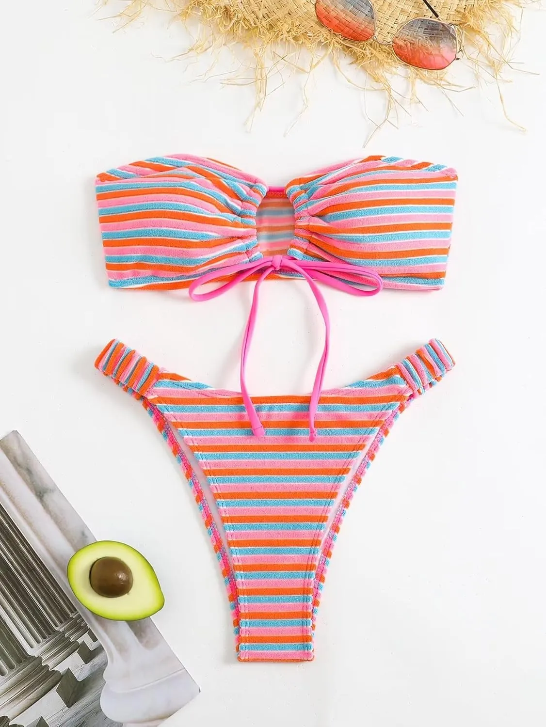 Women's Striped Printed Bandeau Bathing Suit High Waisted Swimsuit Bikini Set
