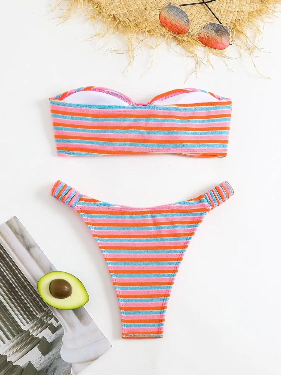Women's Striped Printed Bandeau Bathing Suit High Waisted Swimsuit Bikini Set